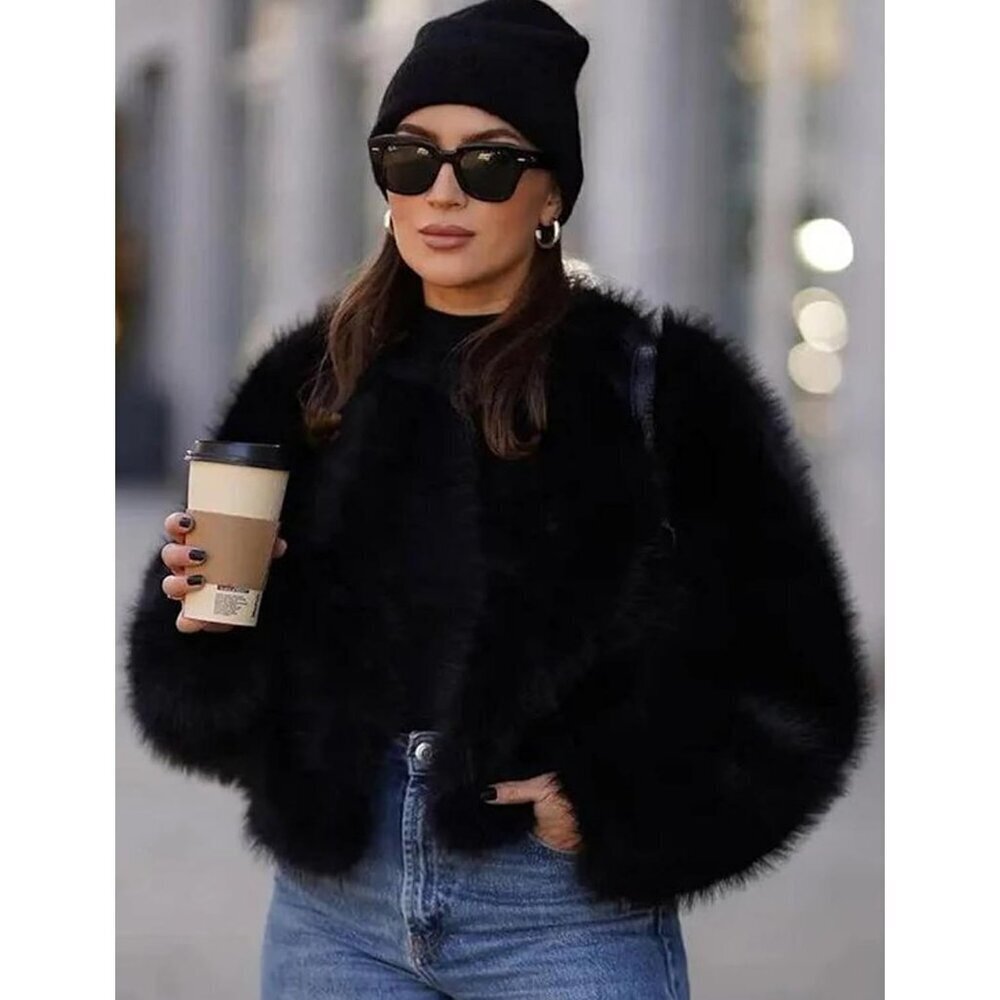 Women's Black Wyeysyt Faux Fur Cropped Coat Fluffy Open Front Warm Winter Jacket - Picture 3 of 8